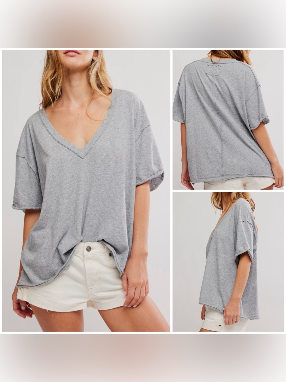 NWOT Free People We The Free Nina V-Neck Tee - Heather grey - Large